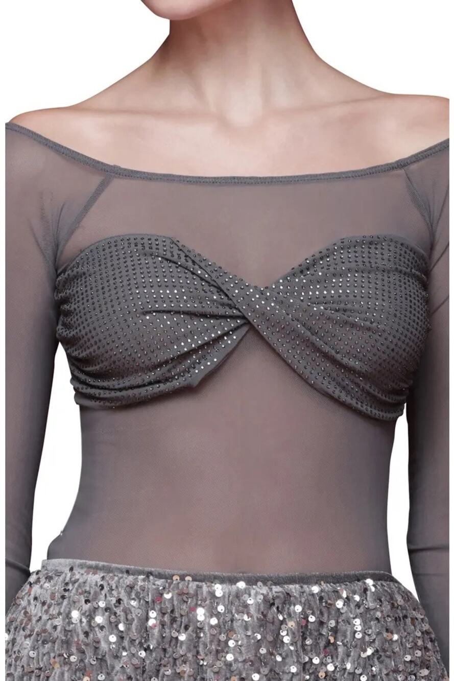 Avec Les Filles Crystal Accent Bandeau Mesh Top Grey Silver Medium NWT